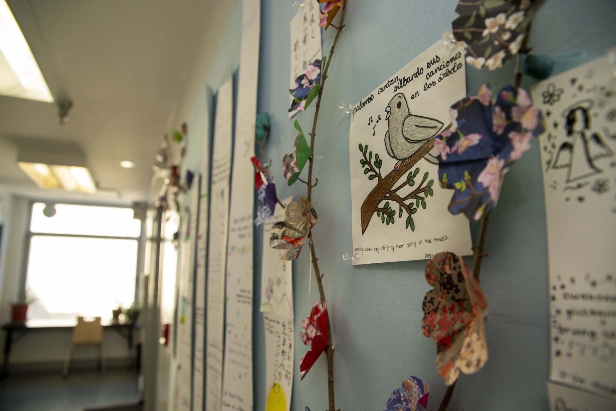 Hallway interior with ceiling and butterfly installation