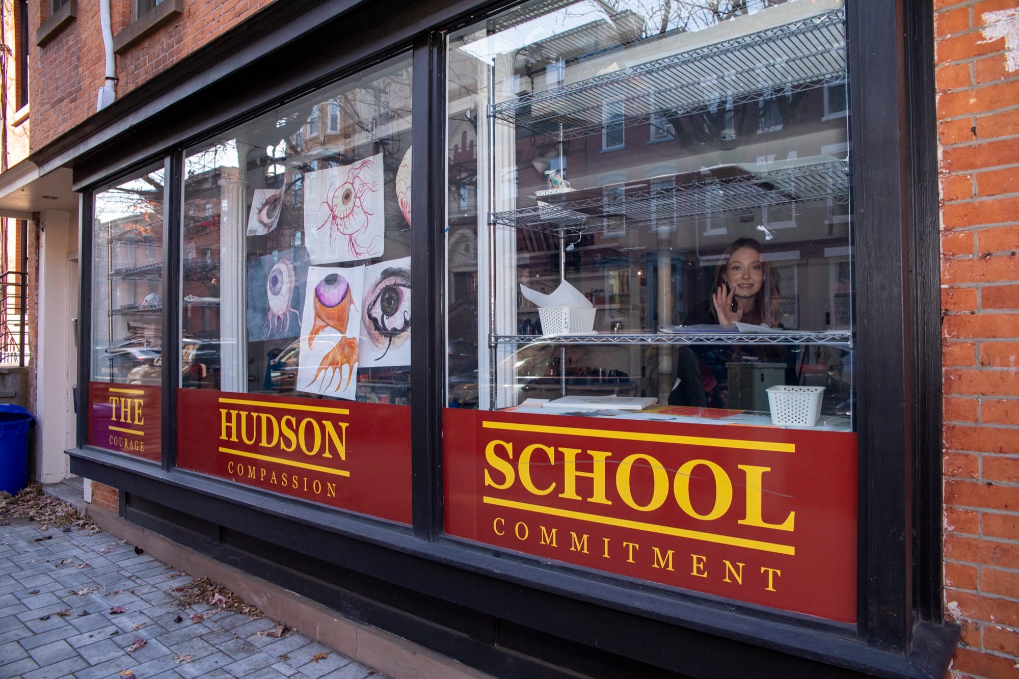 Hudson School exterior building sign on glass