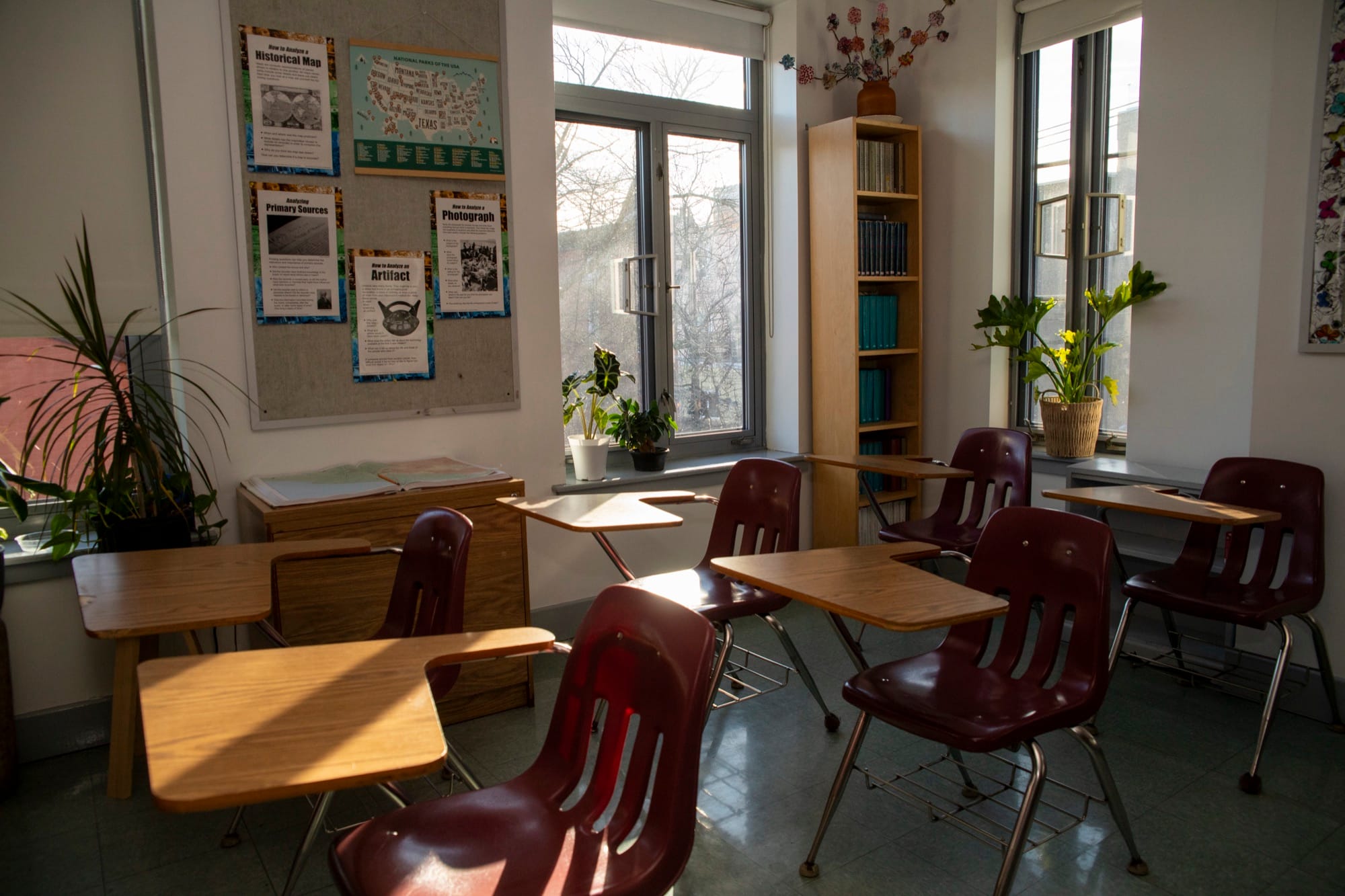 Sunlit Hudson School classroom interior with natural light streaming in